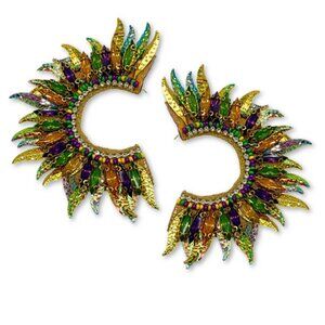 Deepa Gurnani Large Sequin Crystal Angel Wing Sequin Fan Beaded Earrings NEW